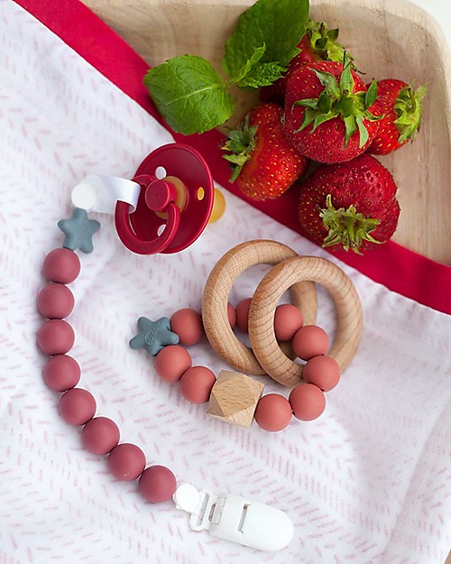 Nibbling Reggiciuccio Universale Morbido - Pluto Melograno - 100% Silicone Alimentare e Chiusura a Scomparsa! Catenelle Portaciuccio