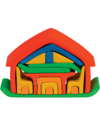 NICToys Set Costruzioni Casetta 17 pezzi - Rosso Multicolor - 100% Legno FSC Incastri In Legno