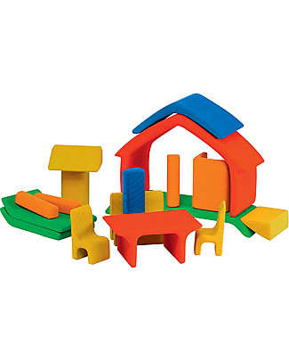 NICToys Set Costruzioni Casetta 17 pezzi - Rosso Multicolor - 100% Legno FSC Incastri In Legno