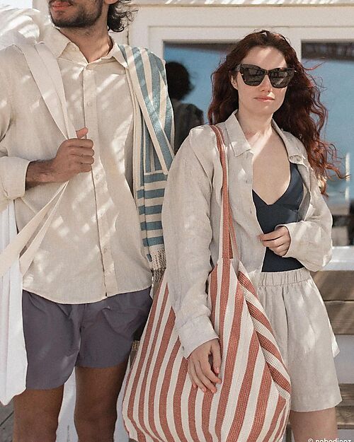 Nobodinoz Borsa da Spiaggia Portofino - Righe Rosse e Bianche - 100% Cotone Organico Borse Shopper
