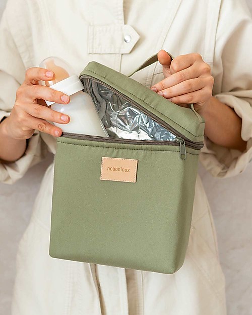Nobodinoz Borsa Termica Impermeabile per Snack e Biberon Baby on the Go - Verde Oliva - Cotone Bio Contenitori Termici