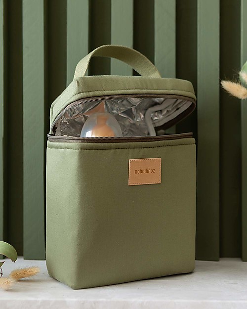 Nobodinoz Borsa Termica Impermeabile per Snack e Biberon Baby on the Go - Verde Oliva - Cotone Bio Contenitori Termici