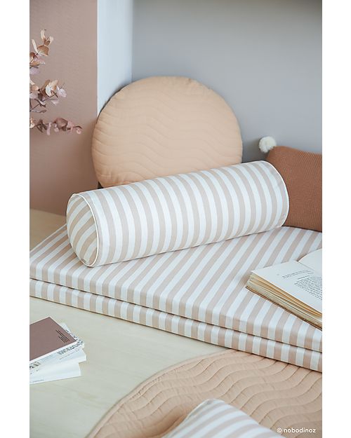 Nobodinoz Cuscino a Rullo Java - Righe Tortora/Naturale - 50x18 cm - Cotone Bio Cuscini Arredo