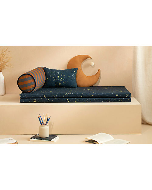 Nobodinoz Cuscino Cilindrico Majestic - Righe Marroni e Blu - 50x18 cm - Cotone Bio Cuscini Arredo