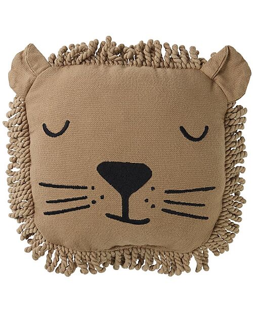 Nobodinoz Cuscino Leone - Ricamato con Frange - 34x34 - Twill di Cotone Lavato Cuscini Arredo