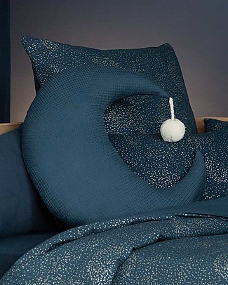 Nobodinoz Cuscino Luna Pierrot, Blu - 36x32 cm - Cotone bio Cuscini Arredo