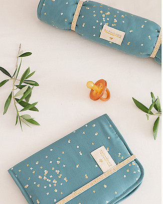 Nobodinoz Fasciatoio Portatile Nomad, Gold Confetti/Verde - Cotone bio Fasciatoi Da Viaggio