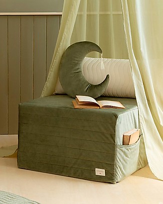 Nobodinoz Pouf/Materasso Pieghevole SleepOver Velvet - Verde Oliva - 57x57x36 cm - Eco-Velluto da Fibre Riciclate al 100% Materassi