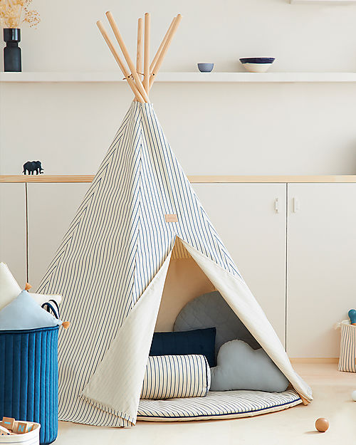 Nobodinoz Tenda Tipi Arizona - Righe Blu/Natural - Cotone bio e legno di pino Tende Gioco