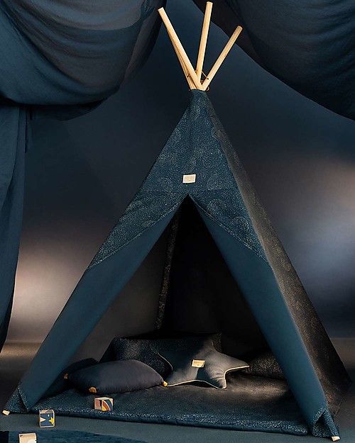 Nobodinoz Tenda Tipi Phoenix, Gold Bubble/Blu - Cotone bio e legno di pino Tende Gioco