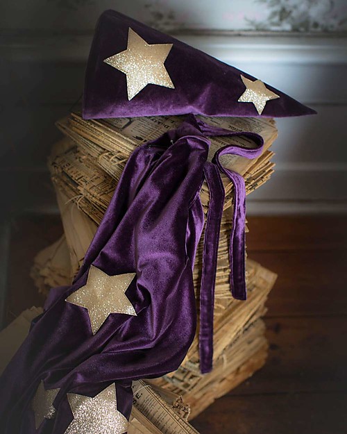 Numero 74 Cappello da Mago Merlino - Viola Scuro con Stelle Oro - Velluto - Nuova Bohemian Collection Travestimenti