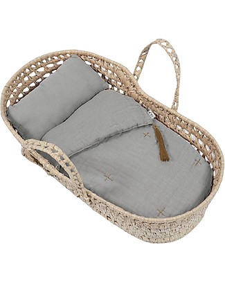 Numero 74 Cesta per Bambole + Set Biancheria Grigio Argento - Tutto Fatto a Mano! Accessori Bambole