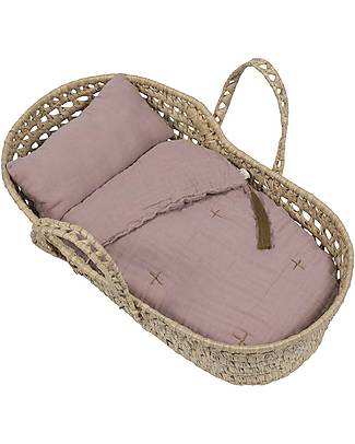 Numero 74 Cesta per Bambole + Set Biancheria Rosa Antico - Tutto Fatto a Mano! Carrozzine per Bambole
