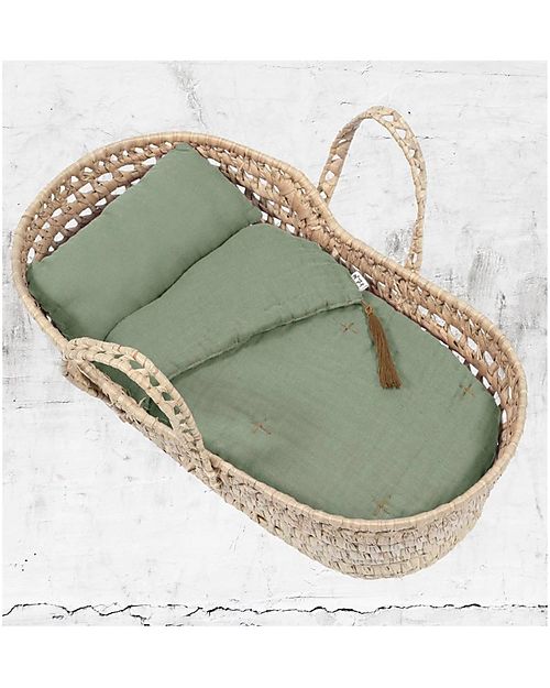 Numero 74 Cesta per Bambole + Set Biancheria Verde Salvia - Tutto Fatto a Mano! Accessori Bambole