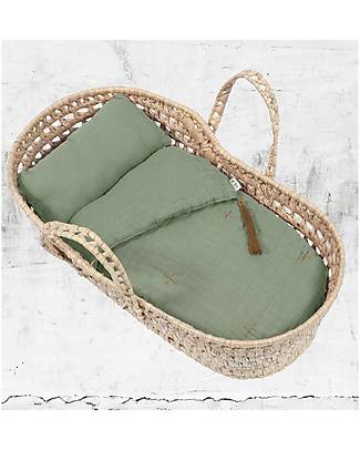 Numero 74 Cesta per Bambole + Set Biancheria Verde Salvia - Tutto Fatto a Mano! Accessori Bambole