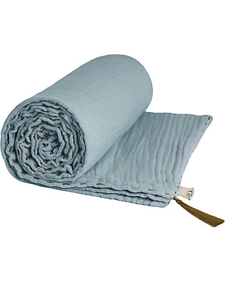 Numero 74 Coperta Estiva 80X110 cm, Celeste con Ricamo Dorato - 100% cotone Coperte