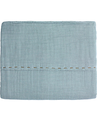 Numero 74 Lenzuolo Superiore, Celeste con Ricamo Dorato - 110x170 cm - 100% doppia mussola di cotone bio Lenzuola
