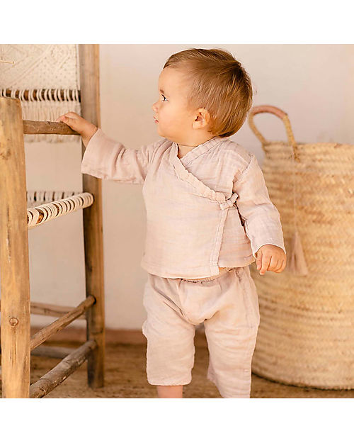 Numero 74 Maglia a Maniche Lunghe Theo - Rosa Cipria - Chiusura a Kimono - 100% Cotone Bio GOTS Maglie Manica Lunga