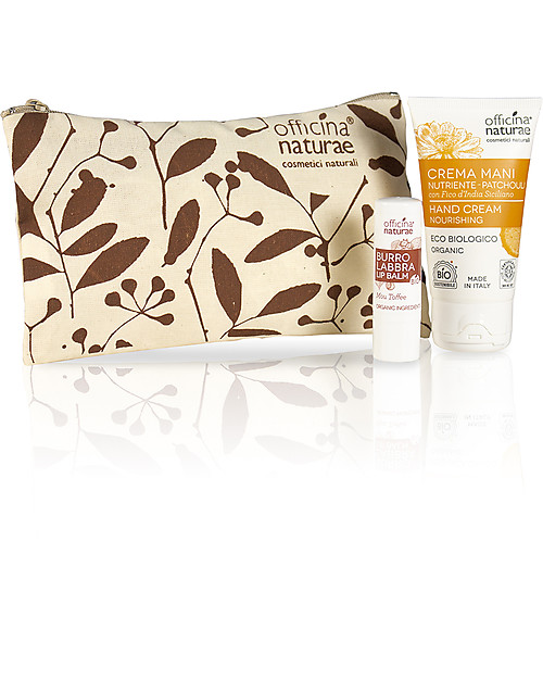 Officina Naturae Mini-Kit Proteggimi Patchouli e Mou Toffee - Crema Mani, Burro Labbra e Pochette Creme e Olii