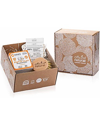 Officina Naturae Set Regalo Piatti Solido Arancio - Detersivo Piatti + Spazzola Vegetale + Porta Cosmesi Solida Compostabile Detergenza Casa