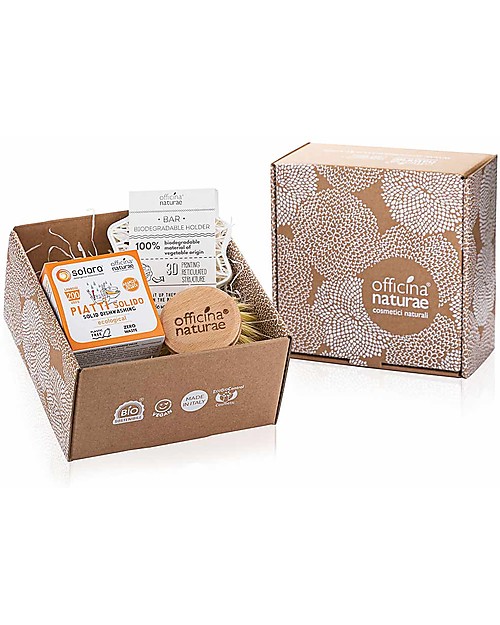 Officina Naturae Set Regalo Piatti Solido Arancio  - Detersivo Piatti + Spazzola Vegetale + Porta Cosmesi Solida Compostabile Stoviglie
