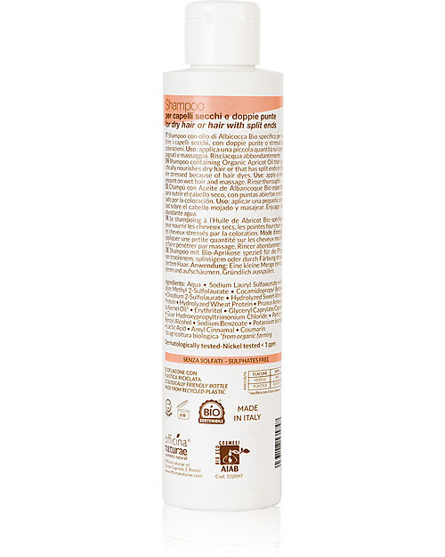 Officina Naturae Shampoo Capelli Secchi Doppie Punte - Mandorla Proteine del Grano e Albicocca Bio - 200ml - Certificato AIAB Bagno Doccia Shampoo