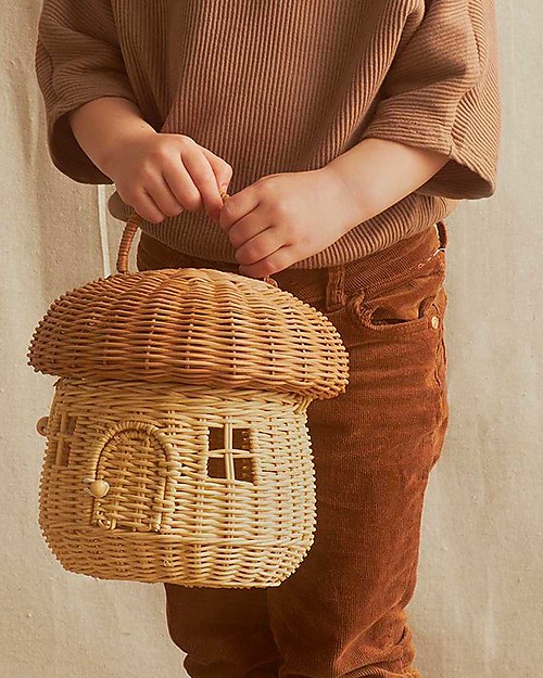 Olli Ella Cesta Portagiochi a Forma di Fungo - Naturale - 100% Rattan Cestini in Vimini