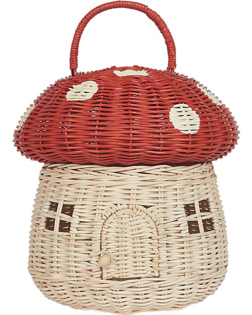 Olli Ella Cesta Portagiochi a Forma di Fungo - Naturale e Rosso - 100% Rattan Cestini in Vimini