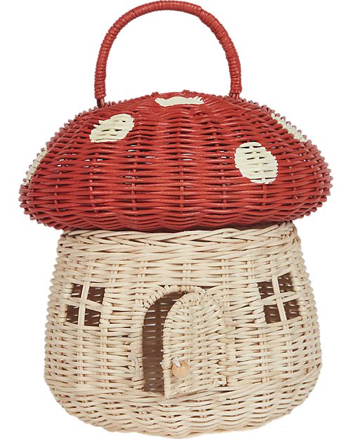 Olli Ella Cesta Portagiochi a Forma di Fungo - Naturale e Rosso - 100% Rattan Cestini in Vimini