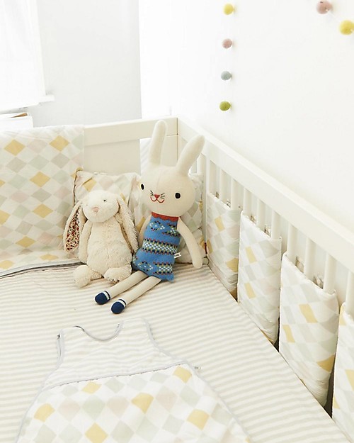 Olli Ella Mini Paracolpi Lettino, Arlecchino Grigio/Giallo - Confezione da 6, 100% Cotone Bio Paracolpi