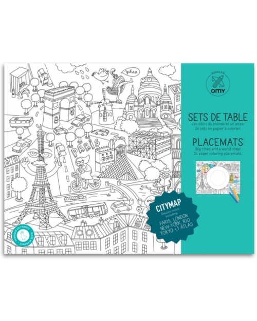 Omy Citymap - Tovagliette da Colorare 24 pezzi -stampa ecologica su carta riciclata! Decorazioni da Parete