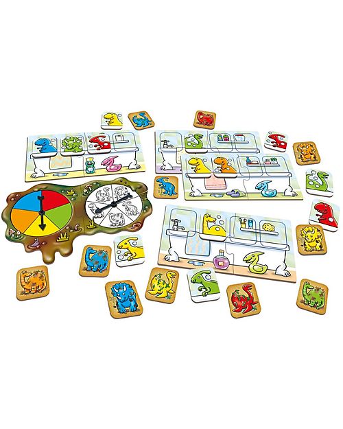 Orchard Toys Gioco da Tavolo Il Bagnetto dei Dinosauri - Riempi la tua vasca da bagno di dinosauri in questo gioco di colori e conteggi! Giochi da Tavolo