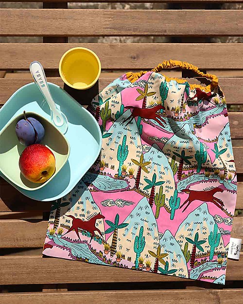 Ottod'Ame per Family Nation Bavaglio con Elastico - Reversibile - Giallo Ocra Western - 100% Sostenibile e Made in Toscana - Perfetti per l'Asilo! Bavagli con Elastico