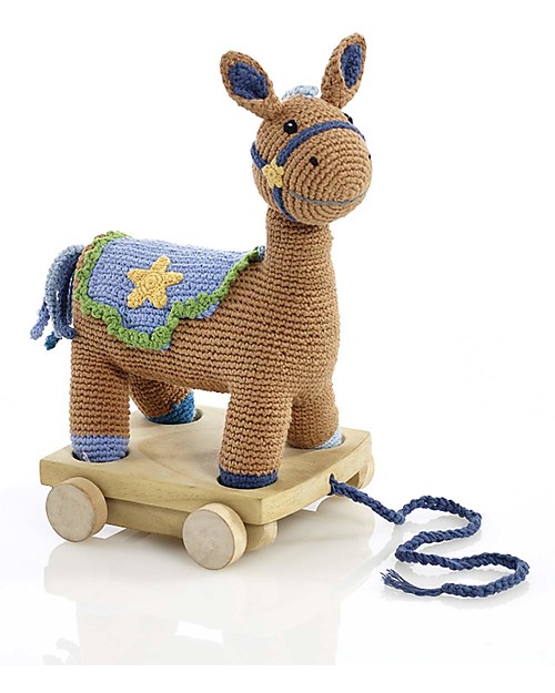 Pebble Cavallino con Ruote da Trascinare - Blu/Marrone 30 cm - Fair Trade Giochi di una Volta