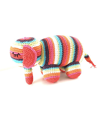 Pebble Pupazzo all'Uncinetto Elefante - Righe Multicolore - Cotone fair trade Sonagli