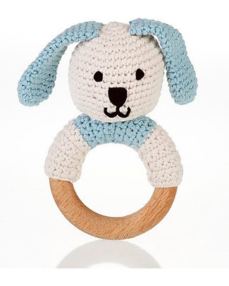 Pebble Sonaglio ad Anello in Legno - Coniglio Blu - Fair Trade, Cotone Bio Sonagli