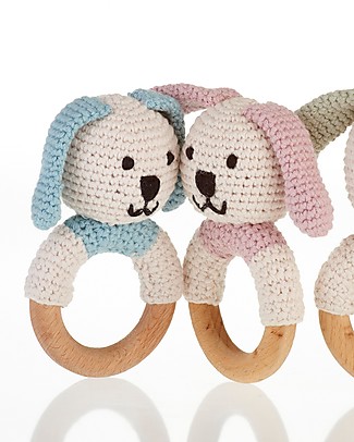 Pebble Sonaglio ad Anello in Legno - Coniglio Blu - Fair Trade, Cotone Bio Sonagli