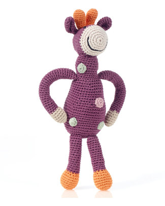 Pebble Sonaglio Grande - Giraffa a Pois Violetto- Cotone Bio - Fair Trade (Altezza 32 cm) Pupazzi Crochet