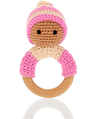 Pebble Sonaglio Massaggiagengive Pixie, Rosa - Legno e Cotone Bio - Fatto a mano! Sonagli