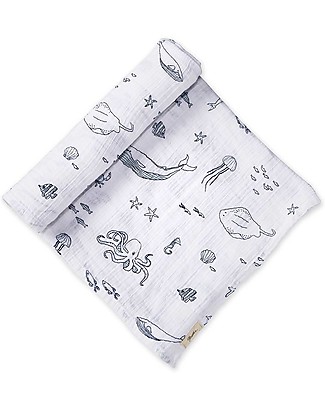 Pehr Copertina in Mussola 100% Cotone Bio GOTS - Animali Marini - 120x120cm Copertine Swaddles