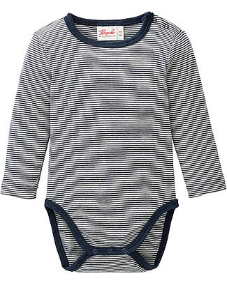People Wear Organic Body Manica Lunga - Blu a Righe - Lana Biologica e Seta - Certificazione GOTS Body Manica Lunga