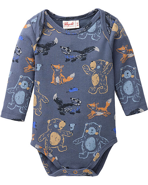 People Wear Organic Body Manica Lunga con Bottoni - Blu Fantasia Animali - Cotone GOTS Body Manica Lunga