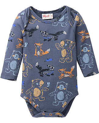 People Wear Organic Body Manica Lunga con Bottoni - Blu Fantasia Animali - Cotone GOTS Body Manica Lunga