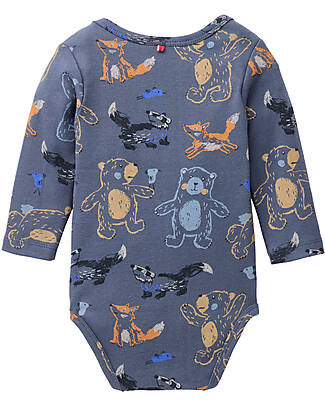 People Wear Organic Body Manica Lunga con Bottoni - Blu Fantasia Animali - Cotone GOTS Body Manica Lunga