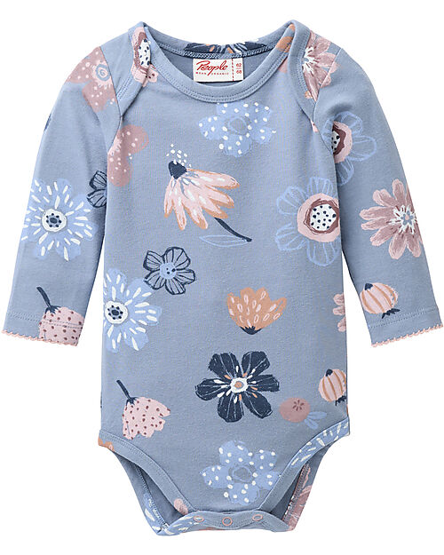 People Wear Organic Body Manica Lunga con Bottoni - Indaco Fantasia Fiori - Cotone GOTS Body Manica Lunga