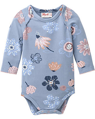 People Wear Organic Body Manica Lunga con Bottoni - Indaco Fantasia Fiori - Cotone GOTS Body Manica Lunga