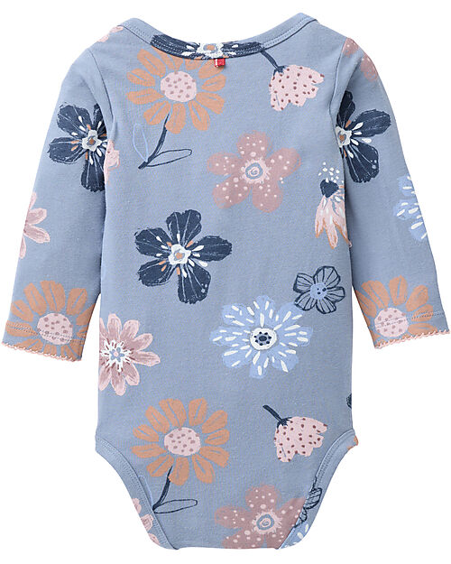 People Wear Organic Body Manica Lunga con Bottoni - Indaco Fantasia Fiori - Cotone GOTS Body Manica Lunga