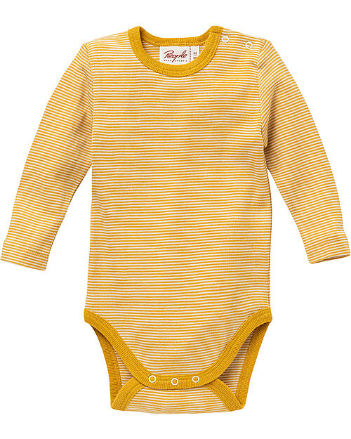 People Wear Organic Body Manica Lunga - Giallo Righe - Lana e Seta Bio GOTS Body Manica Lunga