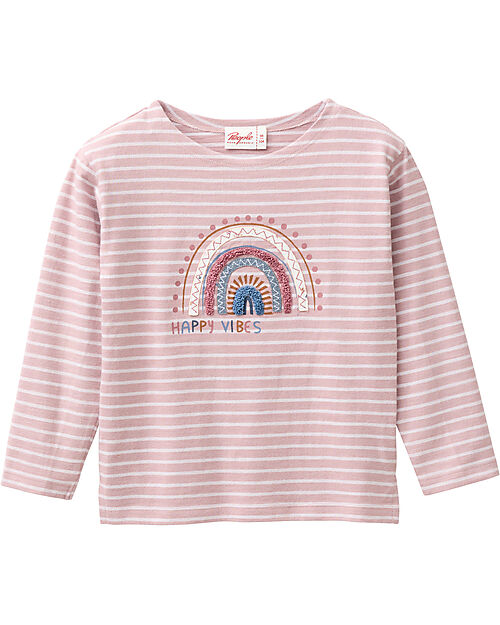 People Wear Organic Maglia Maniche Lunghe Happy Vibes - Righe Rosa e Bianco - Cotone GOTS Camicie_