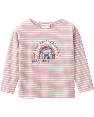 People Wear Organic Maglia Maniche Lunghe Happy Vibes - Righe Rosa e Bianco - Cotone GOTS Maglie Manica Lunga
